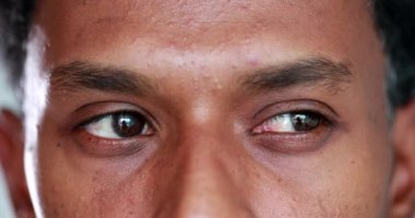 Pensive african american descent close-up eyes macro. Thoughtful Closeup black person eye looking up thinking