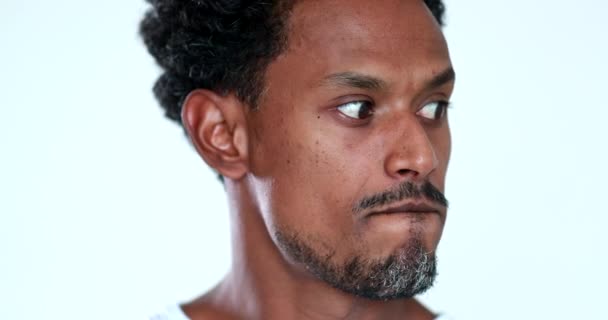 Portrait Anxious Black Guy Looking Camera Feeling Restless Doubtful — Stockvideo