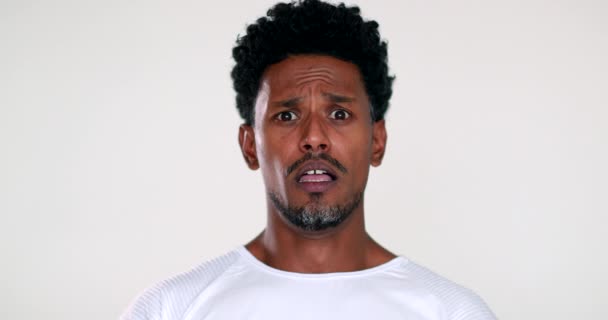 African Man Reacting Terror Horror Camera Black Guy Shock Reaction — стоковое видео