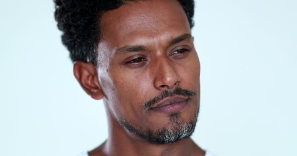 Pensive African Man Close Face Portrait Thoughtful Black Person Thinking — стокове відео