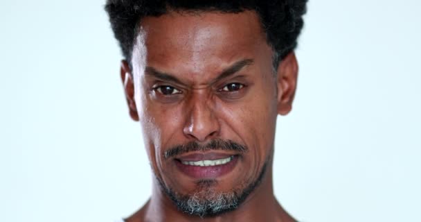 Person Feeling Disgust Emotion Portrait Face Close African Black Man — стокове відео