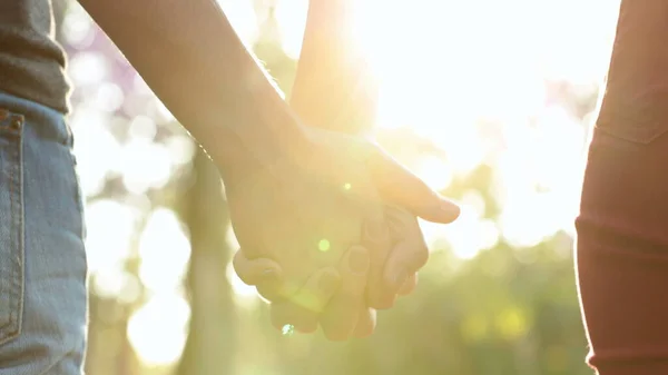 Joining hands together uniting the chain from hands held together in the sunlight