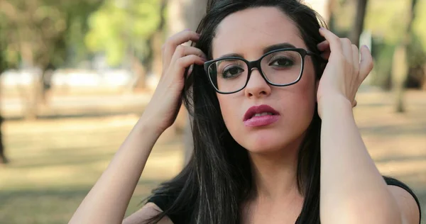 Woman Wearing Glasses Looking Camera Serious Smart Expression — Photo