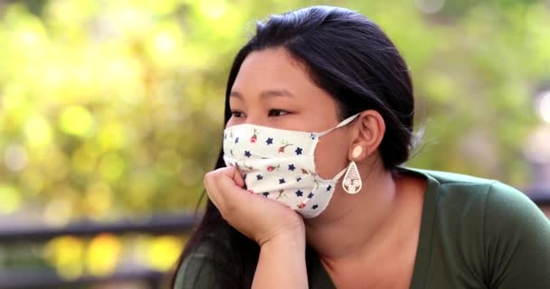 Pensive Asian Woman Wearing Covid Face Mask Thoughtful Japanese Lady — 图库视频影像