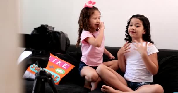 Cute Creative Little Girls Talking Camera Mix Race Children Vlogging — Stock videók