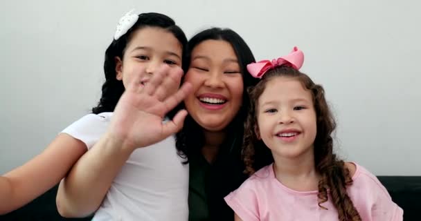 Happy Mother Children Smiling Waving Hello Camera — Video