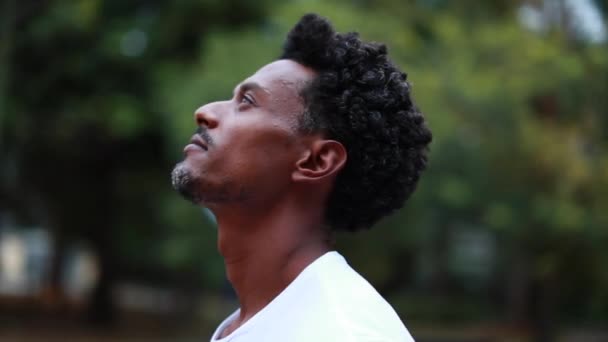 Faithful Handsome Black African American Man Contemplative Pensive Person — Stockvideo