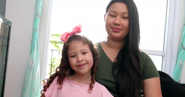 Diverse Mother Daughter Portaits Asian Mom Mixed Race Kid — Stockvideo