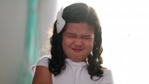 Upset Funny Little Girl Child Grimacing Grumpy Hispanic Mix Race — Stockvideo