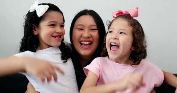 Happy Mother Children Celebrating Success Raising Arms Air — Video