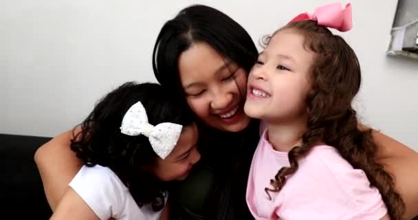 Mother Loving Her Children Asian Mom Embracing Hugging Daughters — Stockvideo