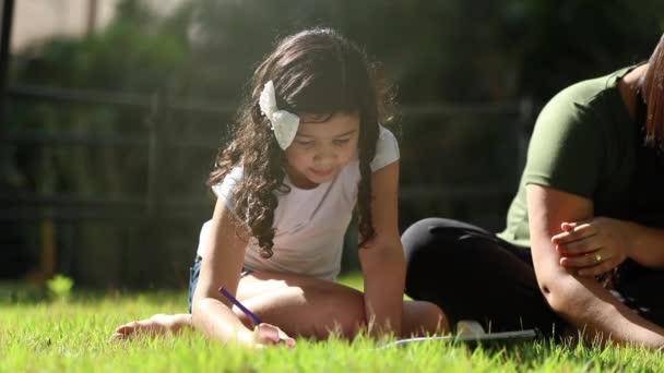 Hispanic Little Girl Studying Grass Mixed Race Ethnically Diverse Child — Vídeos de Stock