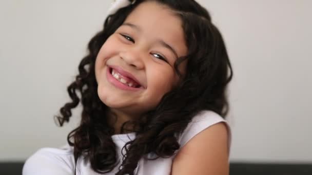 Happy Little Girl Child Smiling Feeling Joy Hispanic Mixed Race — Stockvideo