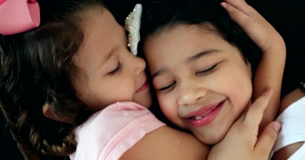 Children Hug Two Little Sisters Showing Love Sibling Kissing Little — Wideo stockowe