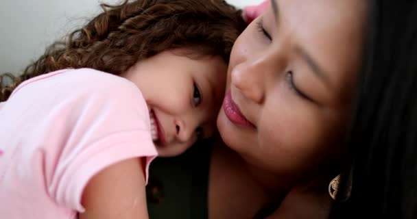 Asian Mother Cuddling Little Daughter Arms Love Affection — Stockvideo