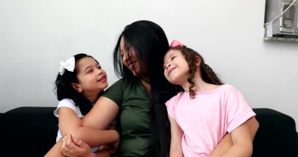 Asian Mother Cuddling Little Daughters Mom Children — Vídeos de Stock