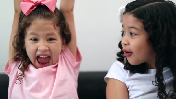 Happy Mixed Race Little Girls Cheering Chatting — Stockvideo