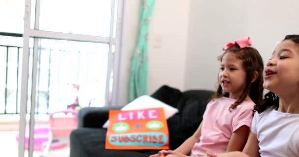 Children Talking Camera Building Social Media Presence Two Little Girls — Stok video