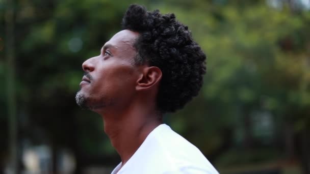 Thoughtful Black Guy Standing Nature Pensive African American Ethnicity Looking — Stockvideo