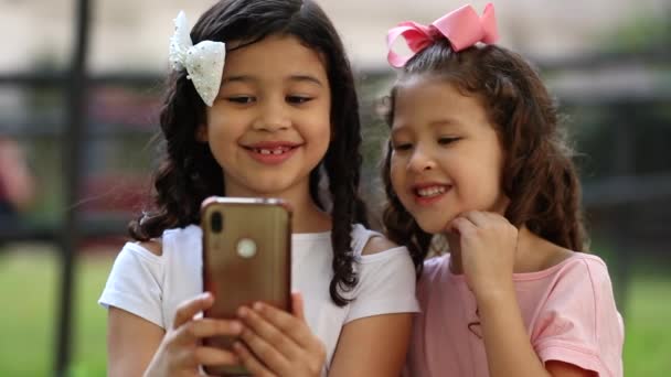 Children Using Smartphone Device Kids Holding Cellphone Park — Video