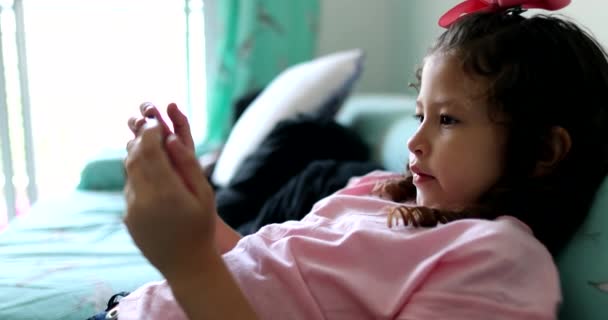 Child Using Cellphone Device Little Girl Kid Holding Smartphone — Vídeo de Stock