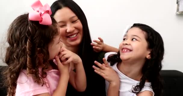 Happy Asian Mother Ethnically Diverse Kids Together — Stockvideo