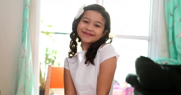 Mixed Race Little Girl Child Smiling Camera Portrait Hispanic Asian — Vídeos de Stock