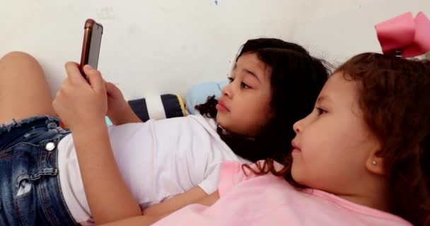 Pre Teen Little Girls Front Smartphone Device Social Media Addiction — Vídeo de Stock