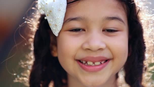 Little Girl Child Close Face Hispanic Mix Race Asian Kid — Vídeos de Stock