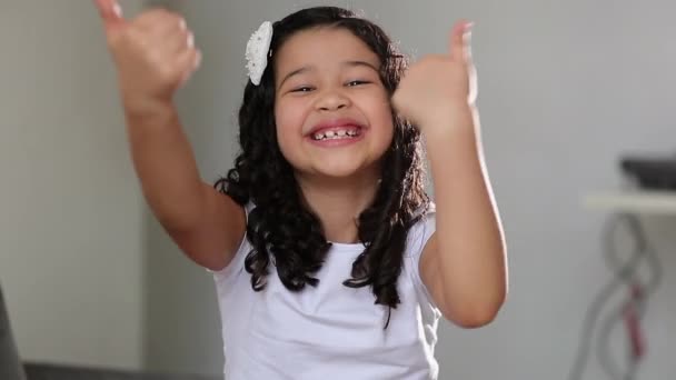 Cute Happy Hispanic Mixed Race Little Girl Child Giving Thumbs — Stock video