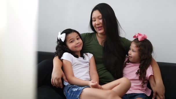 Asian Mother Holding Daughters Arms Mom Speaking Mixed Race Little — Video