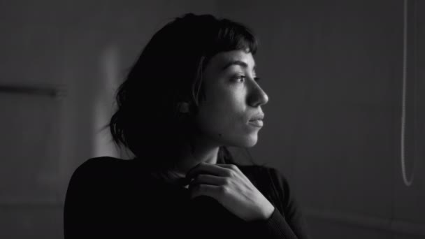 Contemplative Young Hispanic Woman Standing Window Thinking Pensive Latin Girl — Video