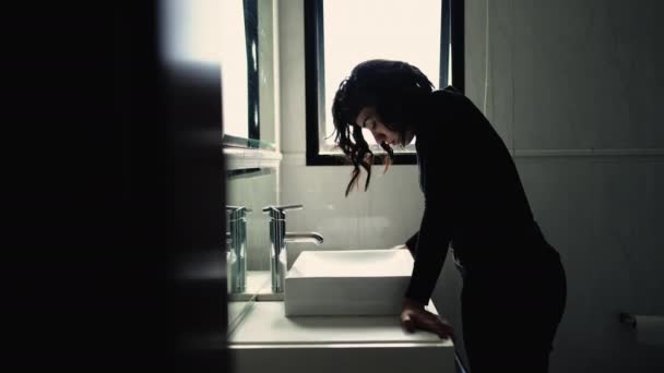 Troubled Young Woman Standing Front Bathroom Mirror Suffering Mental Disorder — Vídeos de Stock