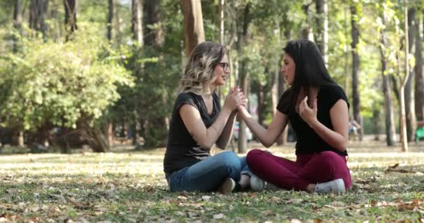 Girlfriends Together Seated Park Lesbian Couple Candid Shot — Video Stock