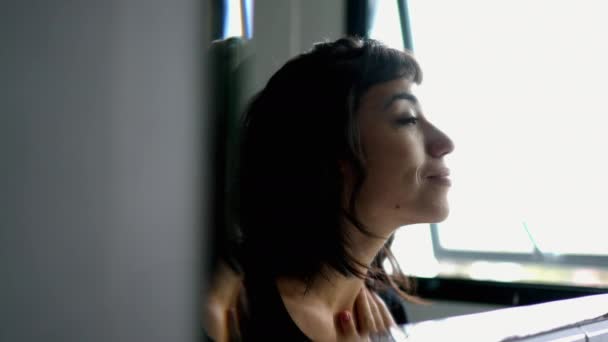 Happy Hispanic Woman Looking Her Own Reflection Standing Front Bathroom — Stock Video