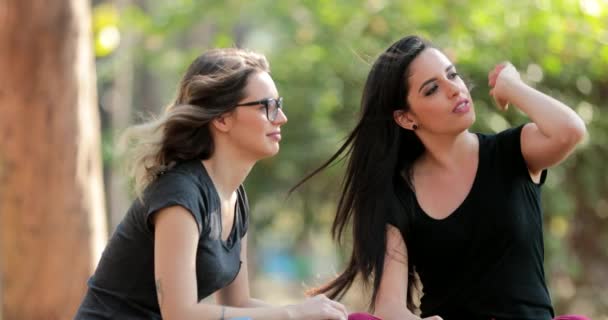 Girlfriends Gossiping Each Other Park Friends Talking One Another Conversation — Vídeo de Stock