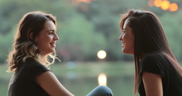 Friends Gossiping Exchanging Ideas Conversation Outdoors Sunlight Park Lake — Vídeo de Stock