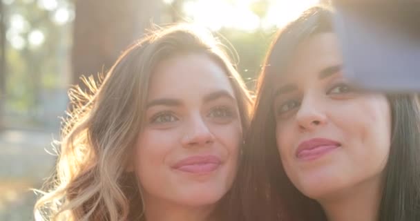 Two Girlfriends Holding Cellphone Posing Selfie Kissing Friend Cheek — Vídeo de stock