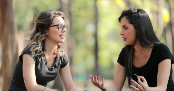 Честные Друзья Сидящие Парке Разговаривающие Друг Другом Подружки Разговаривают Открытом — стоковое видео