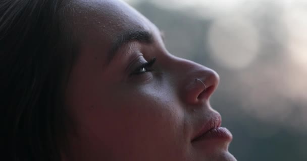 Young Woman Face Opening Closing Eyes Girl Meditating Contemplation Looking — Vídeos de Stock