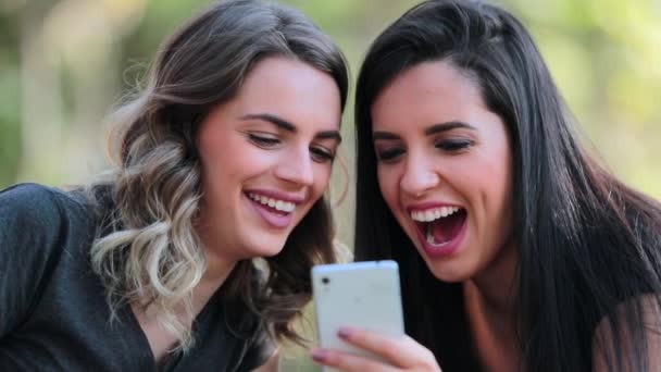 Φιλενάδες Που Κοιτάζουν Κινητά Τους Στα Μέσα Κοινωνικής Δικτύωσης Γελώντας — Αρχείο Βίντεο