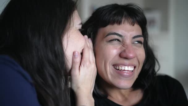 Friends Sharing Gossip Whispering Secret Woman Ear Telling Shocking News — Vídeos de Stock