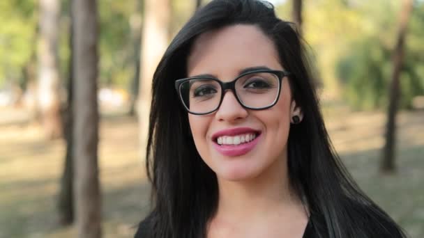 Young Brunette Woman Wearing Feminist Glasses Happy Look Expression Face — Vídeo de stock