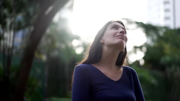 Thoughtful Woman Standing Looking Sky Contemplation Pensive Person Lost Thought — Vídeo de stock