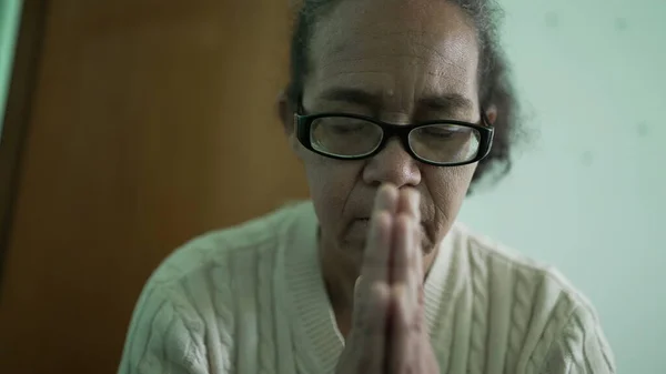 Spiritual Older Woman Praying God Home Grateful Senior Lady Having — Stok Foto