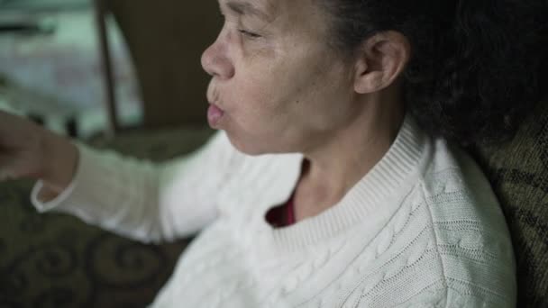 Senior Woman Eating Pasta Home One Older Person Eats Food — Vídeo de Stock