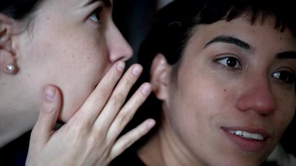 Women Sharing Rumor Whispering Secret Friend Ear Person Reaction Shock — Vídeo de Stock