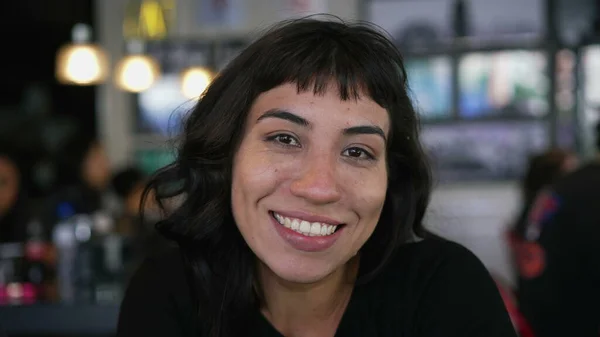Portrait Hispanic Latin Girl Smiling Camera Sitting Restaurant Cafe — Fotografia de Stock