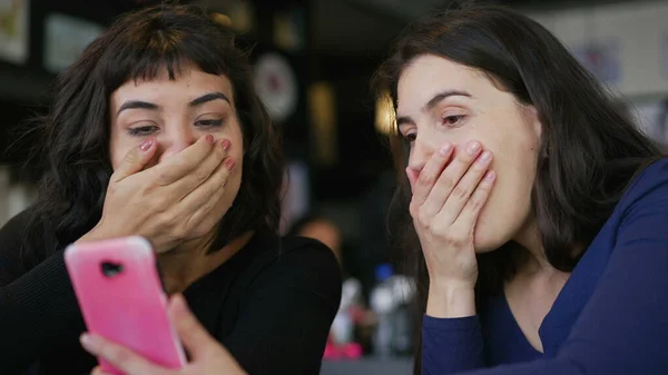 Two Young Women Looking Smartphone Device Screen Smiling Female Friends — 스톡 사진