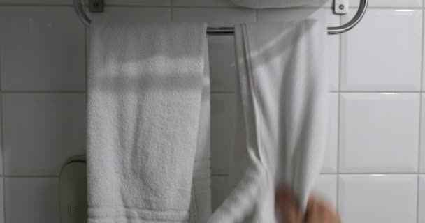 Person Grabbing Towel Shower — Vídeo de Stock